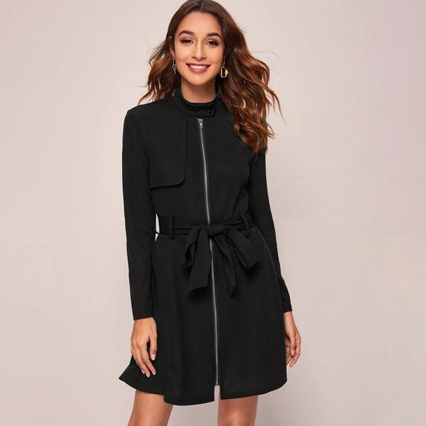 

Flap Detail Zip Up Belted Coat, Black