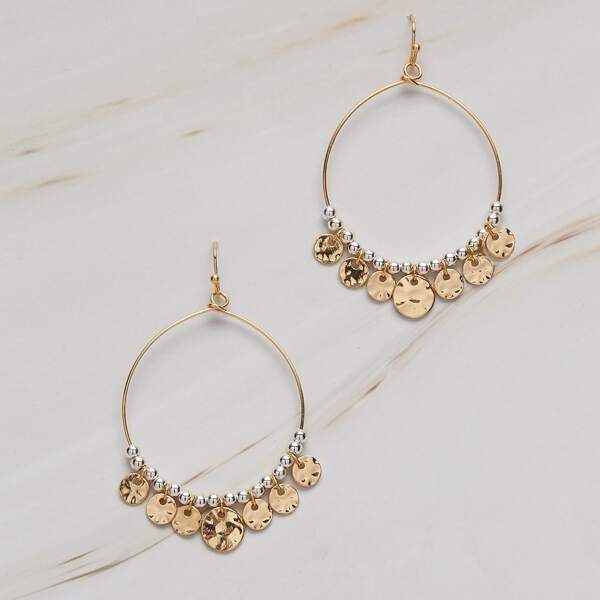 

1pair Bead And Hammered Disc Hoop Earrings, Gold