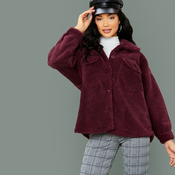 

Faux Sherpa Button Front Oversized Coat, Burgundy