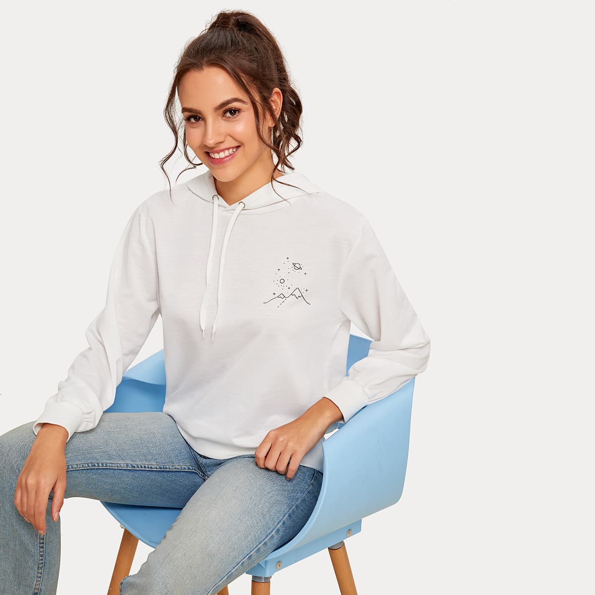 

Graphic Print Drawstring Hoodie, White