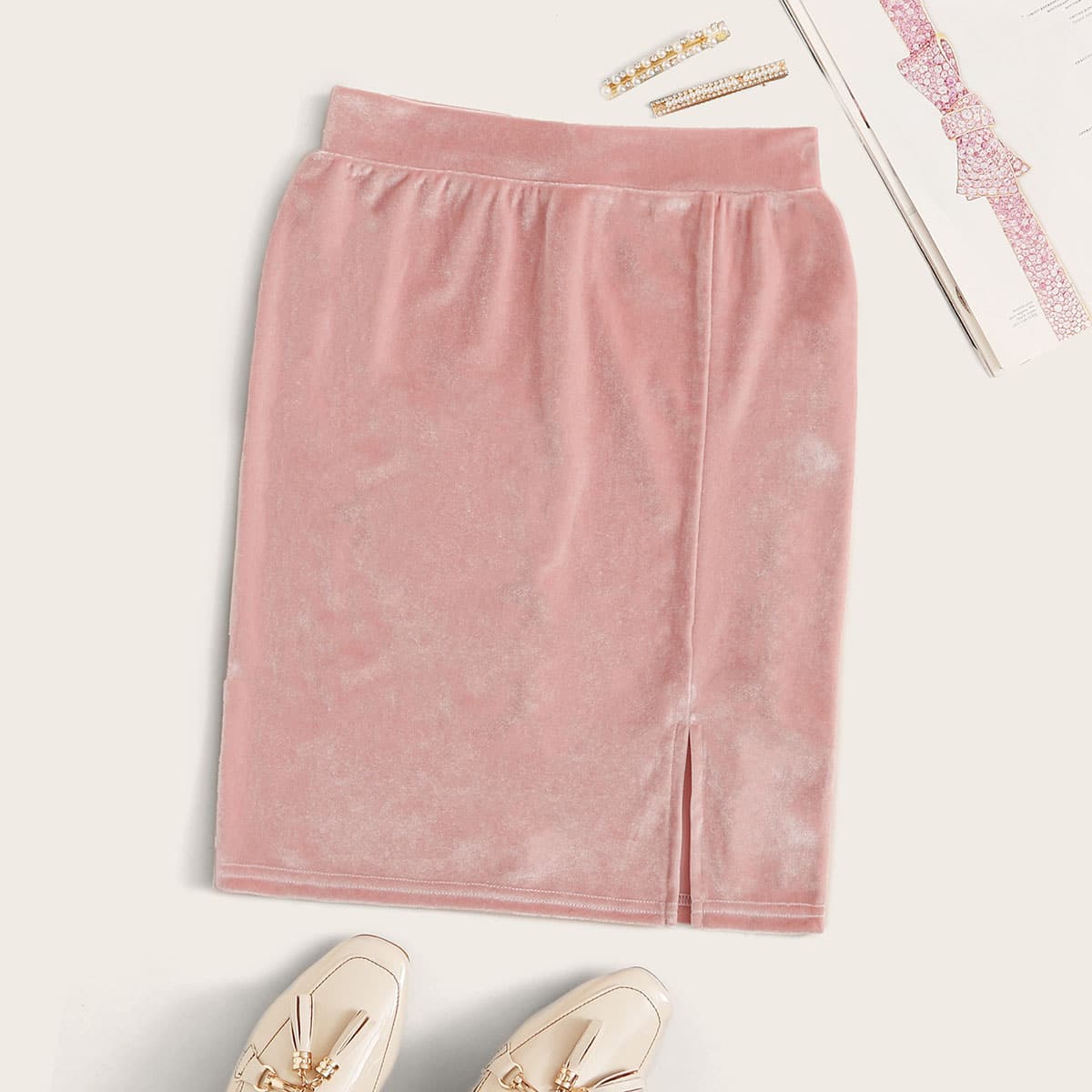 

Solid Slit Hem Velvet Straight Skirt, Pink pastel