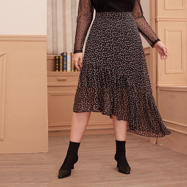 

Plus Ditsy Floral Ruffle Hem Skirt, Multicolor