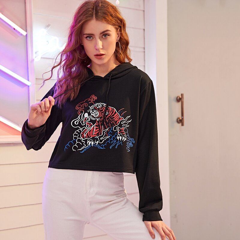

Tiger Print Drawstring Hoodie, Black