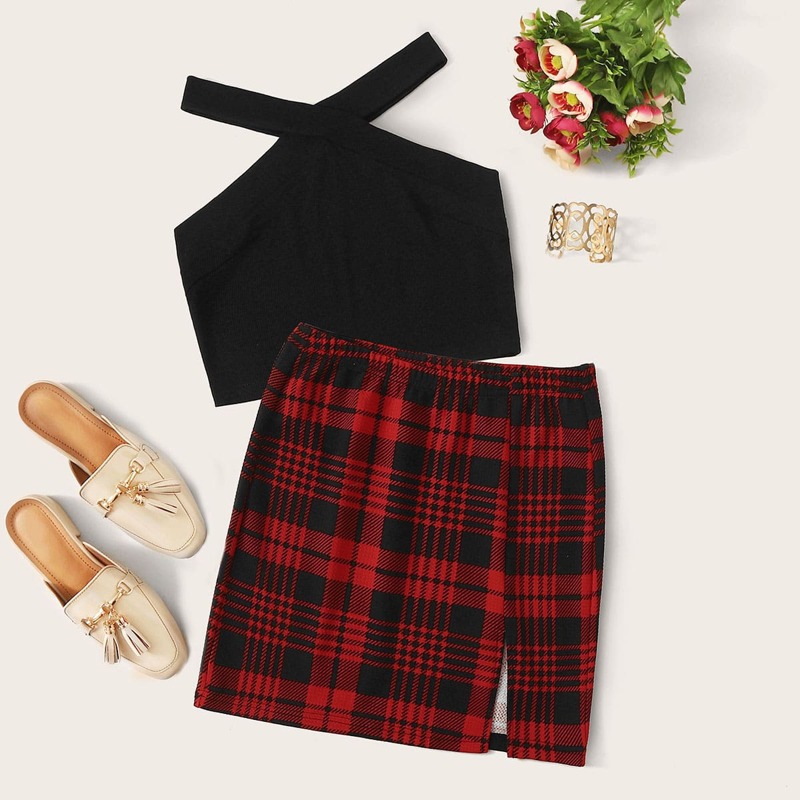 

Halter Top & Split Hem Plaid Skirt Set, Multicolor
