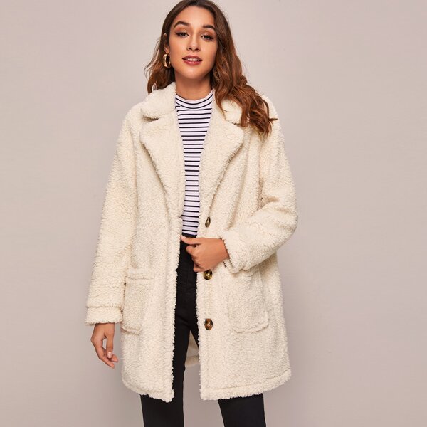 

Notch Collar Patch Pocket Teddy Coat, Beige