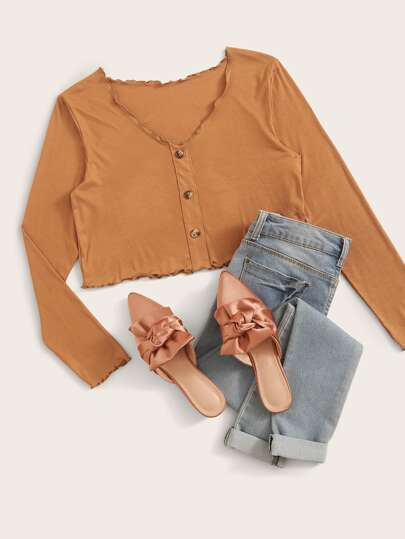 Maglietta a costine corta monocolore con bordo a lattuga