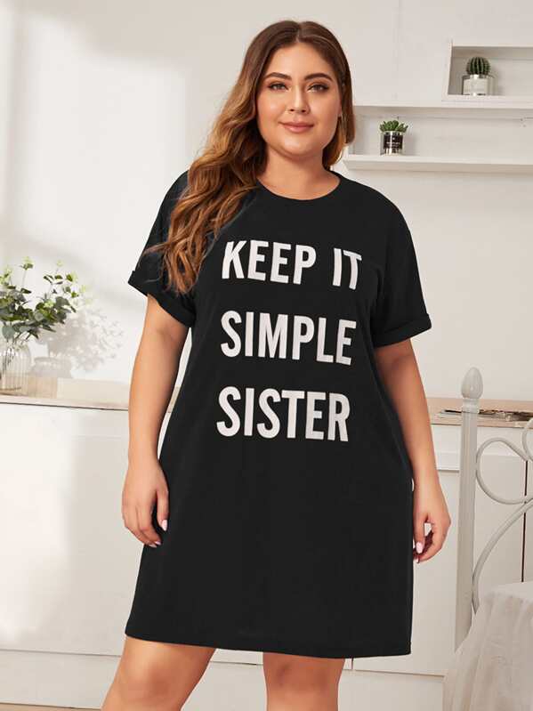 

Plus Letter Graphic Night Dress, Black, Carol