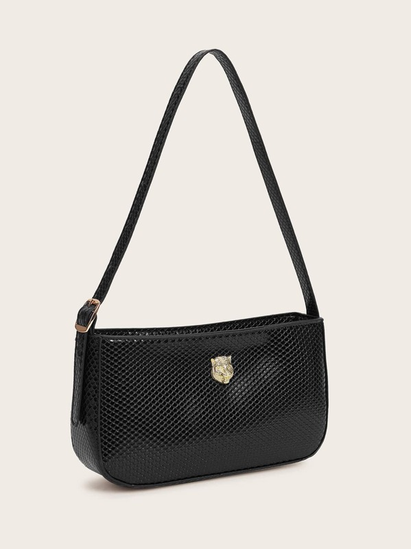 

Snakeskin Embossed Baguette Bag, Black