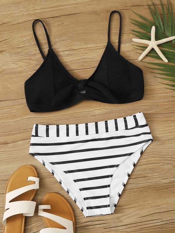 

Textured Knot Front Striped Bikini Set, Black and white