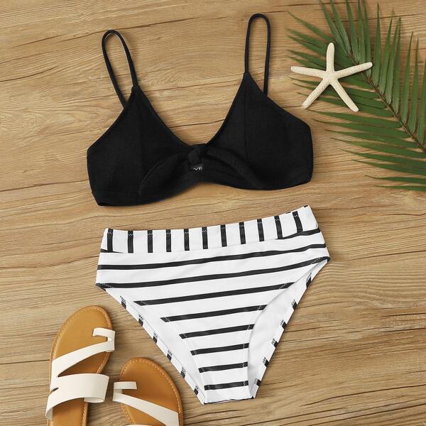

Striped Textured Knot Front Bikini Swimsuit, Black and white