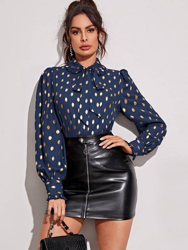 

Gold Dot Print Tie Neck Lantern Sleeve Blouse, Navy, Andy