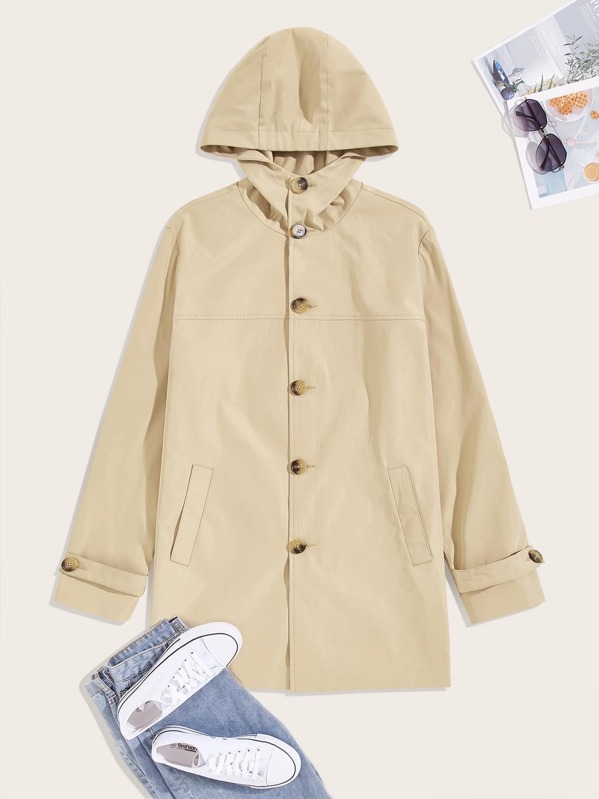 

Men Single Breasted Hooded Trench Coat, Khaki