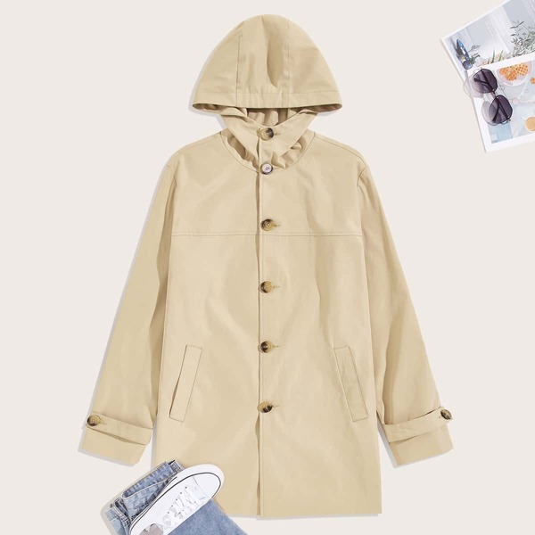 

Men Single Breasted Hooded Trench Coat, Khaki