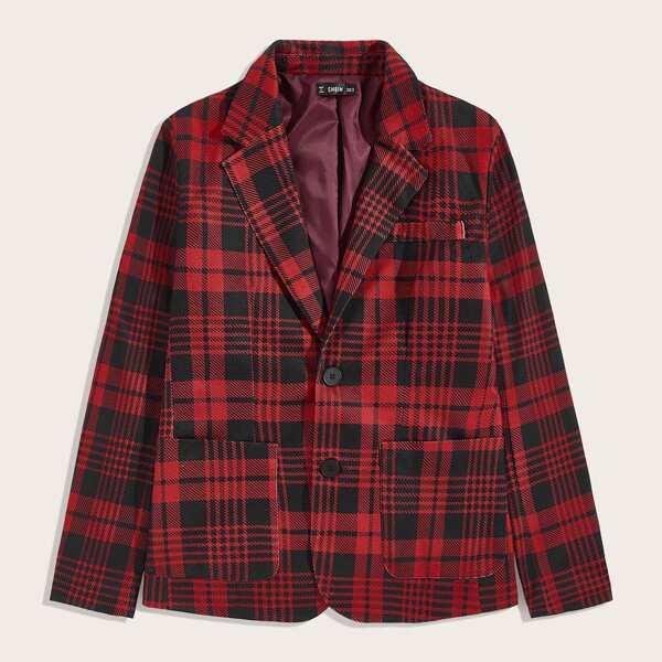 

Men Notched Collar Pocket Front Plaid Blazer, Red
