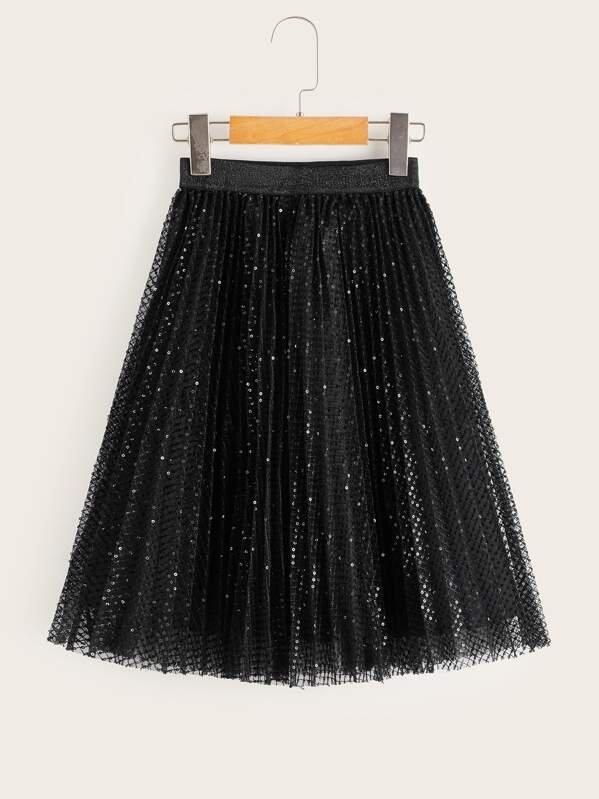 

Girls Sequin Mesh Pleated Skirt, Black