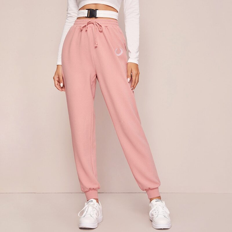 

Embroidered Leaf High-Rise Drawstring Joggers, Pink pastel