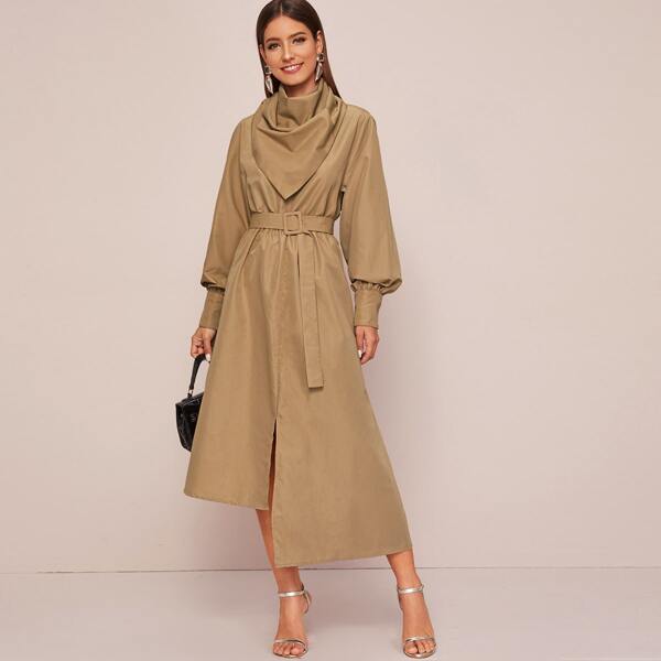 

Cowl Neck Lantern Sleeve Split Asymmetrical Hem Belted Dress, Khaki