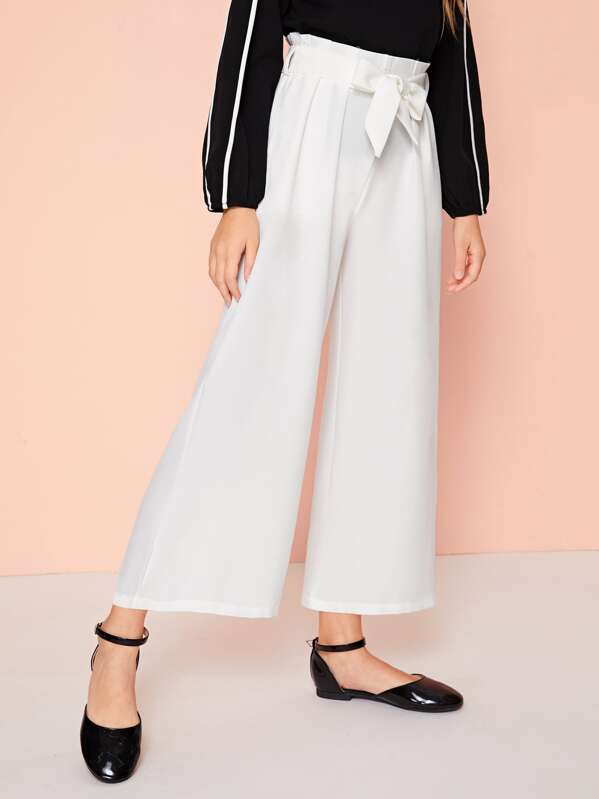 

Girls Paperbag Waist Belted Wide Leg Pants, White, Sashab