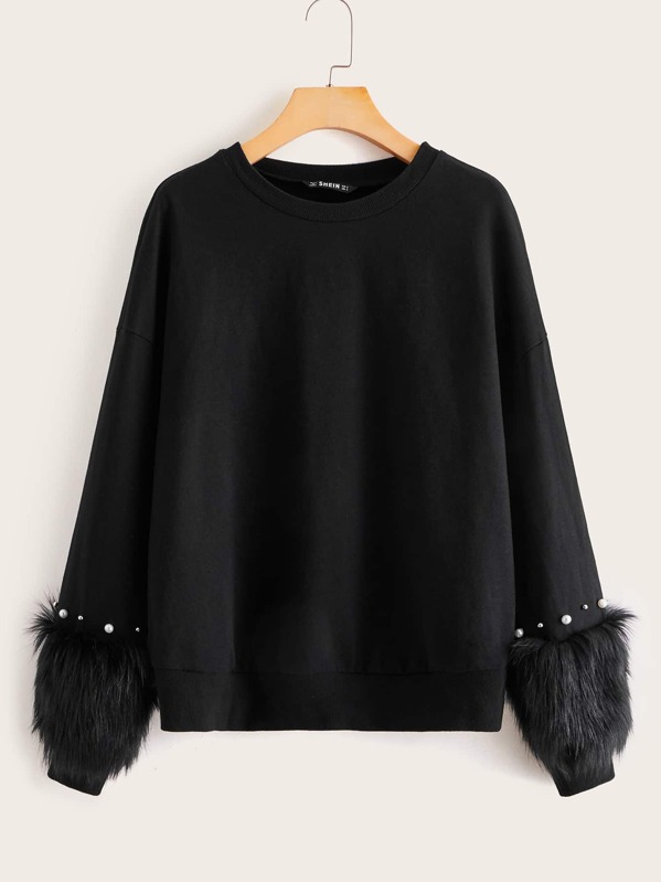 

Pearl Beaded Faux Fur Trim Pullover, Black