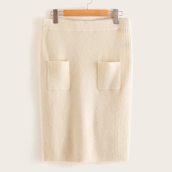 

Plus Patch Pocket Split Hem Knit Skirt, Beige