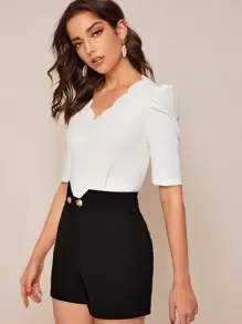 SHEIN Clasi 貝殼邊泡泡袖上衣 - 白色 - 查看 5