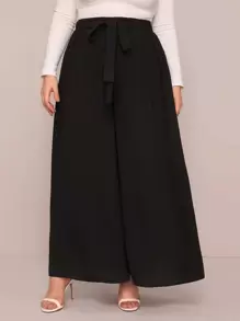 Modelyn Plus Tie Front Exaggerate Wide Leg Trousers - Black - View 1