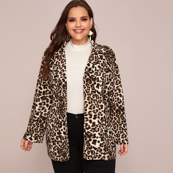 

Plus Notch Collar Open Front Leopard Blazer, Multicolor