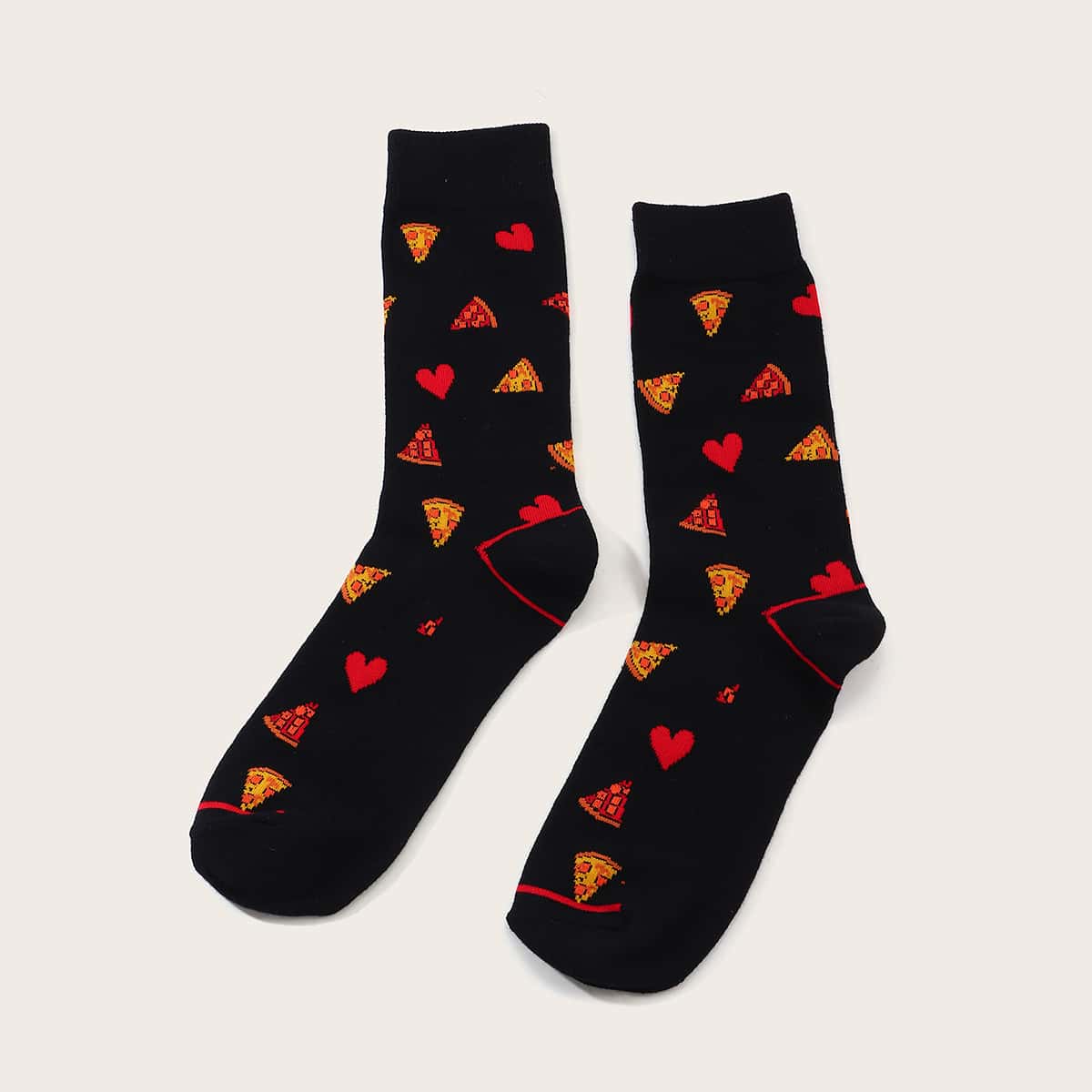 

1pair Guys Pizza & Heart Print Socks, Black