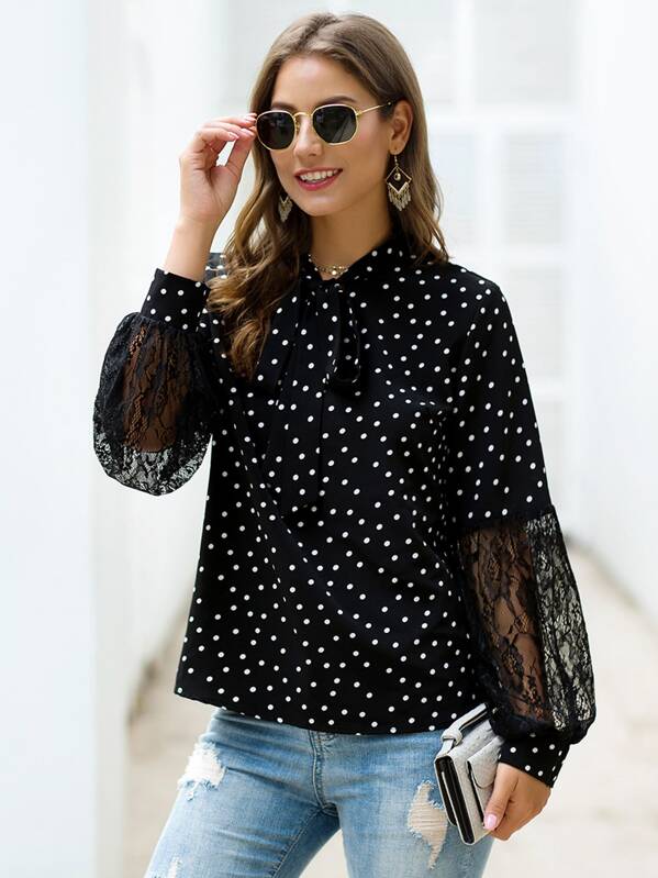 

Polka Dot Contrast Lace Tie Neck Blouse, Black, Debi