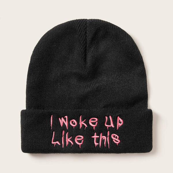 

Slogan Embroidery Knitted Beanie, Black