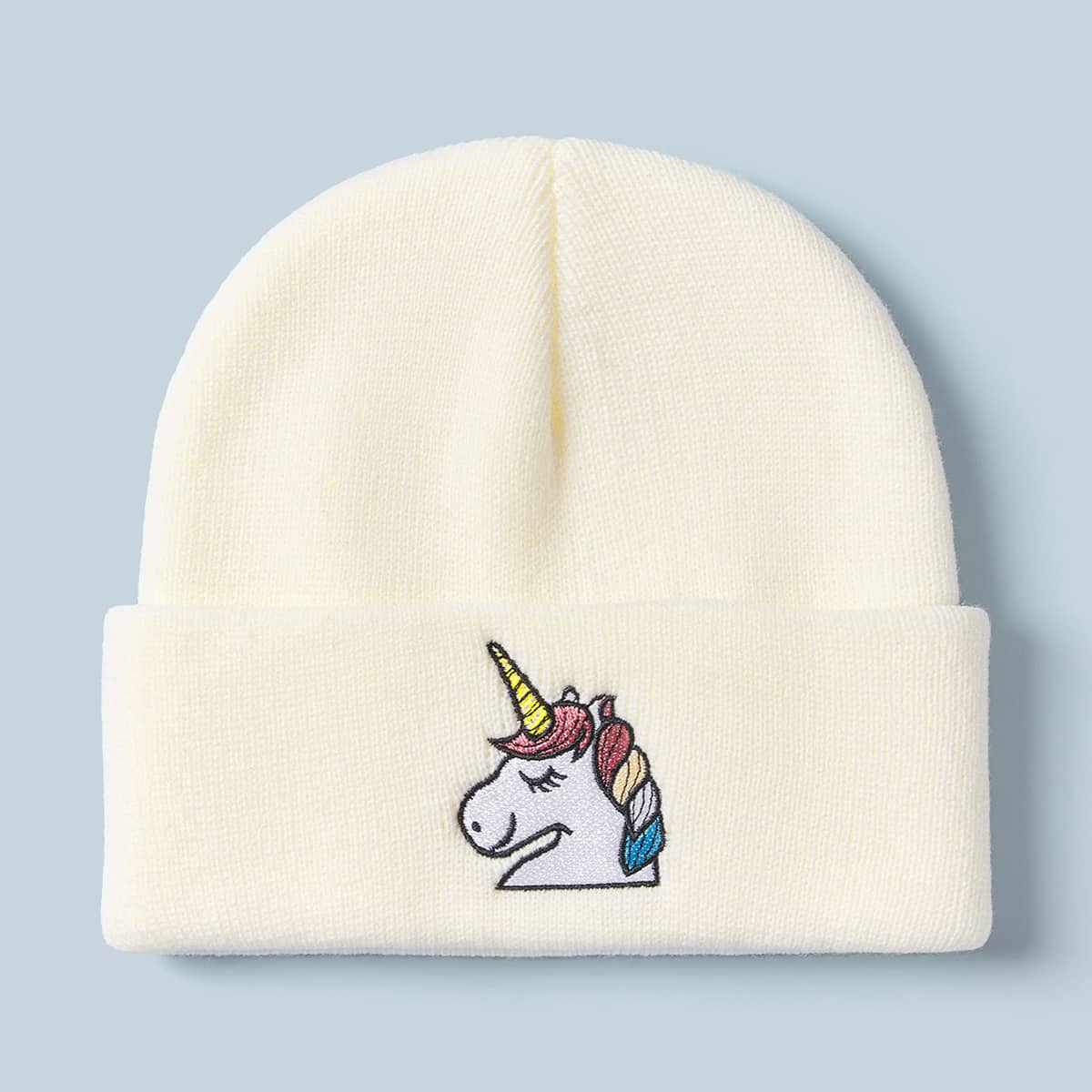 Unicorn Embroidery Knitted Beanie, White