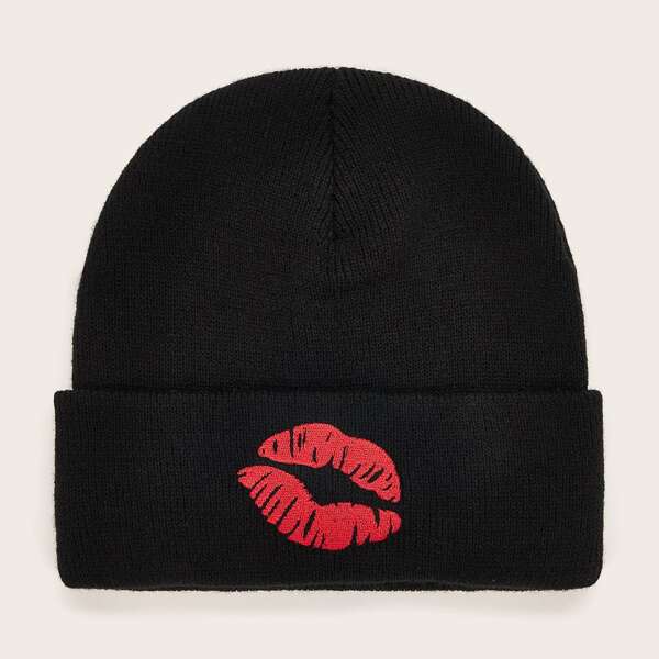 

Mouth Print Knitted Beanie, Black