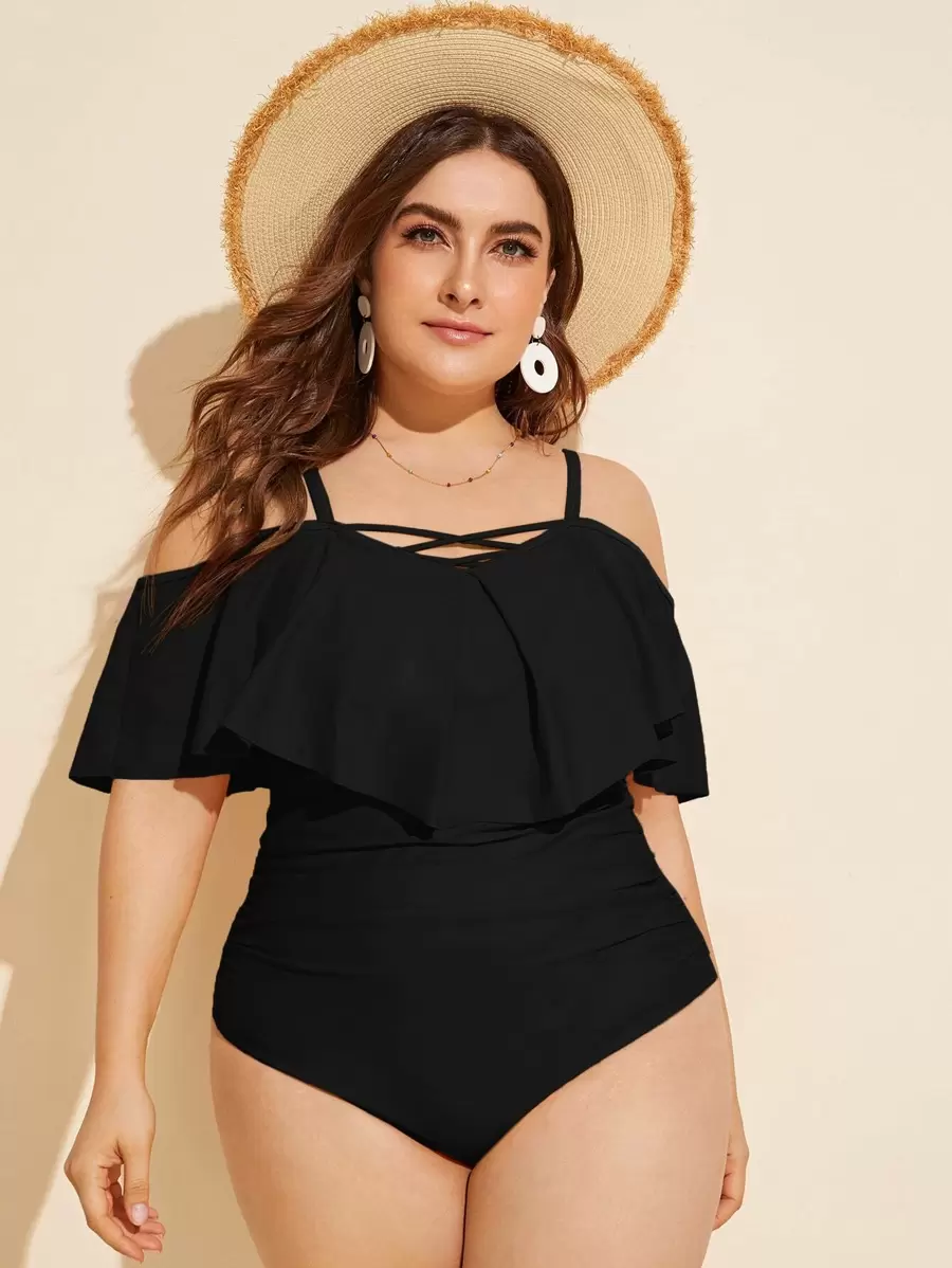 Swim Lushoire Summer Beach Plus Flounce Ruched One Piece Swimsuit - Black - View 1