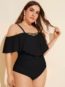 Swim Lushoire Summer Beach Plus Flounce Ruched One Piece Swimsuit - Black - View 3