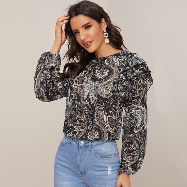 

Ruffle Bishop Sleeve Paisley Top, Multicolor
