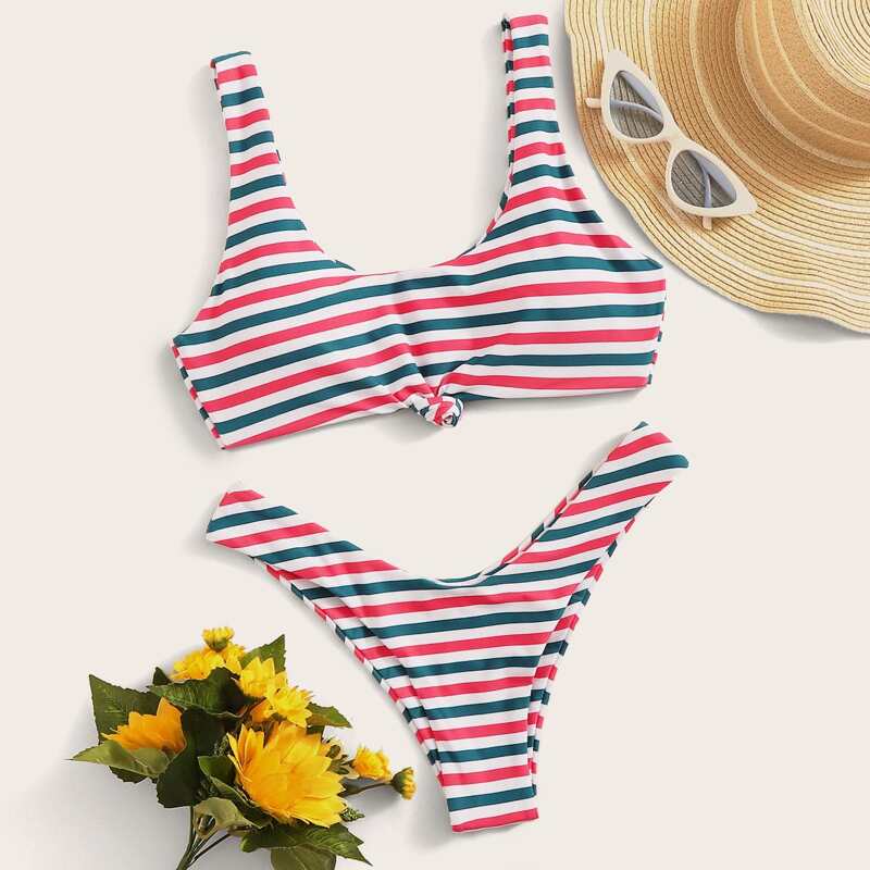 

Knot Front Striped Pattern Bikini Set, Multicolor
