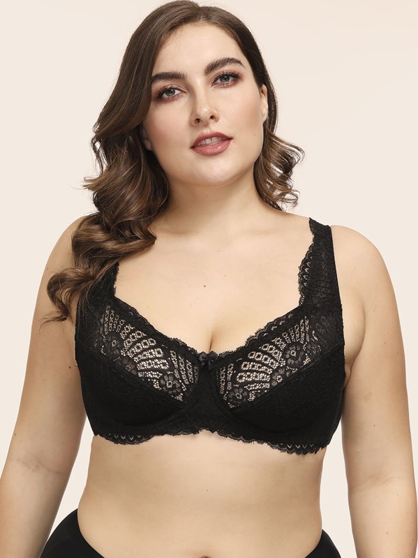 

Plus Floral Lace Underwire Bra, Black, Franziska