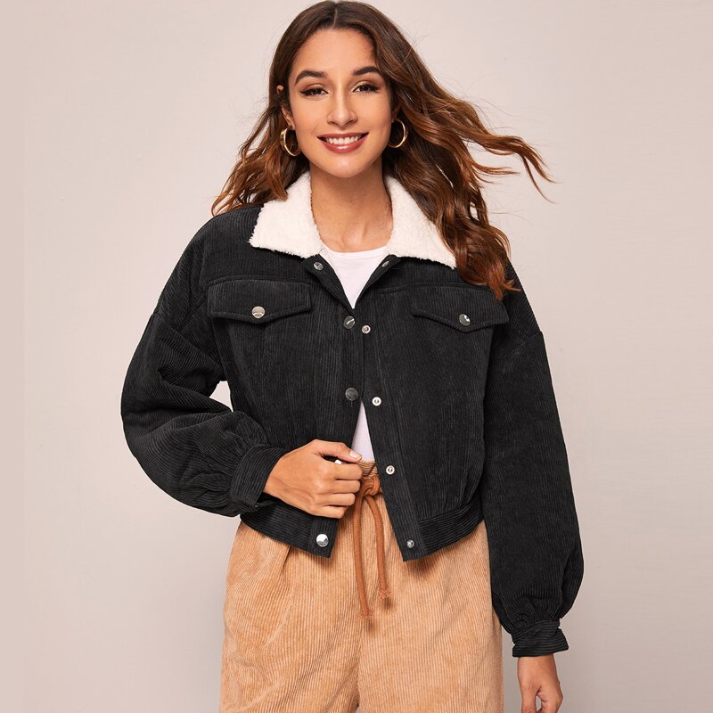 

Press Buttoned Front Teddy Collar Cord Jacket, Black