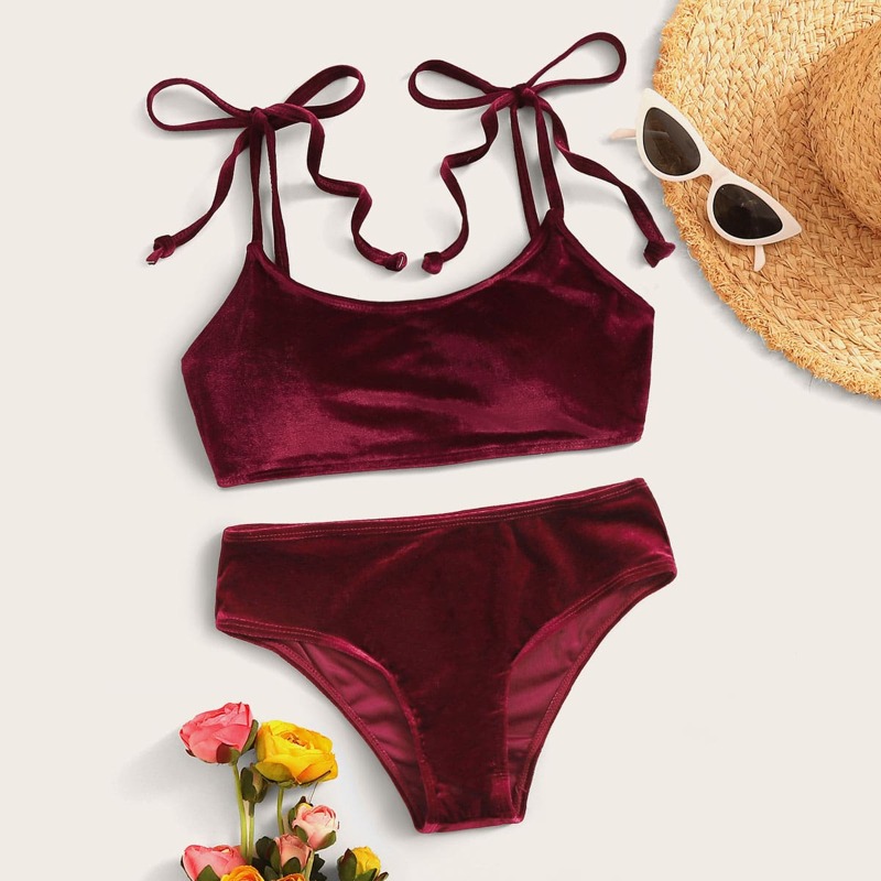 

Tie Shoulder Velvet Bikini Set, Burgundy