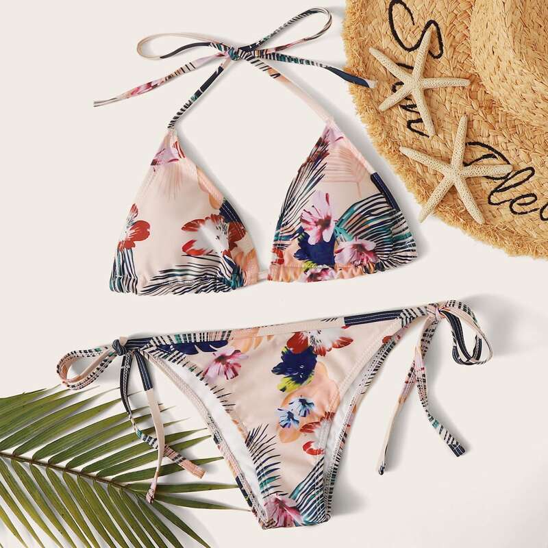 

Floral Print Top With Tie Side Bikini Set, Multicolor