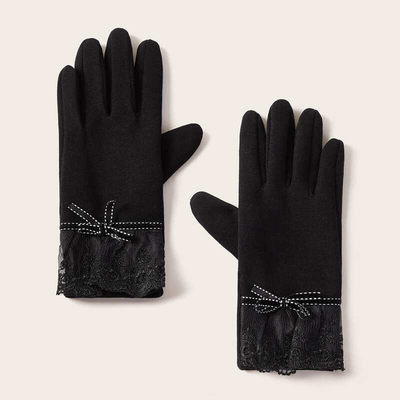

Lace Trim Bow Knot Decor Gloves, Black
