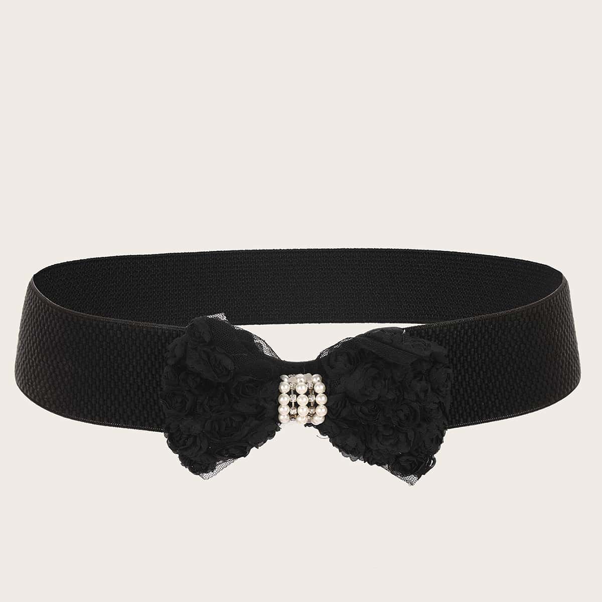 

Faux Pearl Bow Knot Buckle Belt, Black