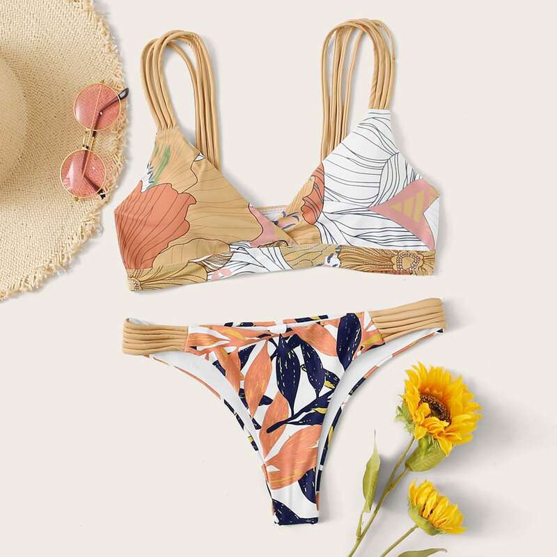 

Plant Print Multi Strap Bikini Set, Multicolor