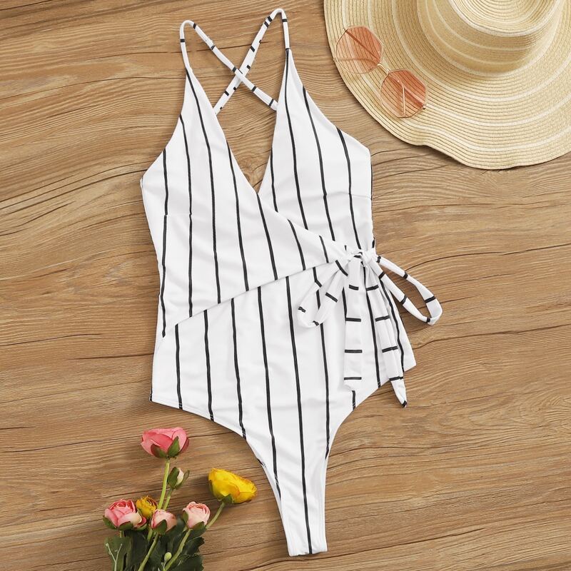 

Striped Pattern Tie Side Wrap One Piece Swimwear, White