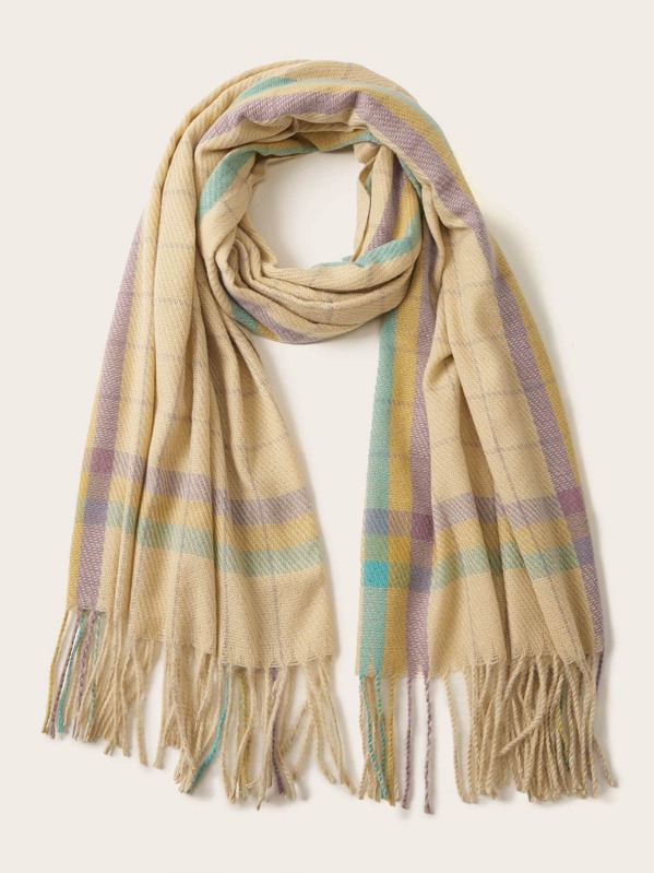 

Plaid Pattern Fringe Scarf, Multicolor