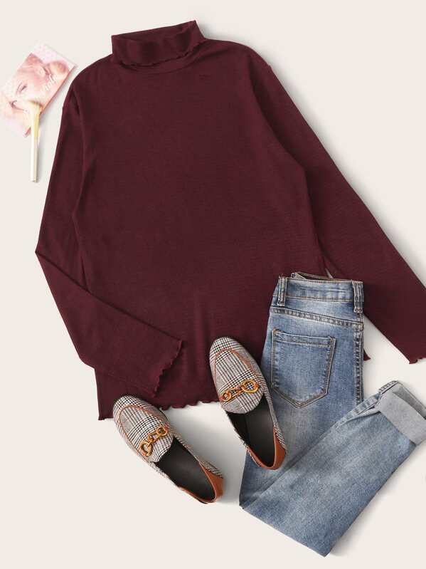 

Plus Rolled Neck Lettuce Edge Form Fitted Tee, Burgundy, Marcelle Pallais