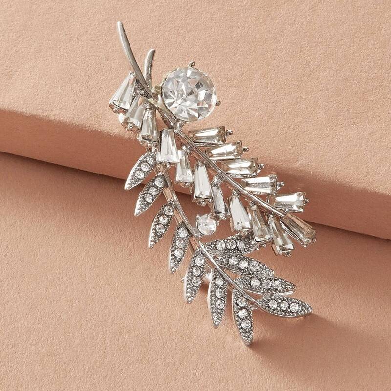 

1pc Rhinestone Engraved Leaf Brooch, Silver