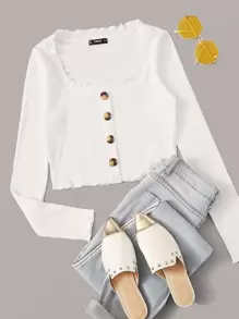 SHEIN 前紐扣生菜邊羅紋針織短版t恤 - 白色 - 查看 1