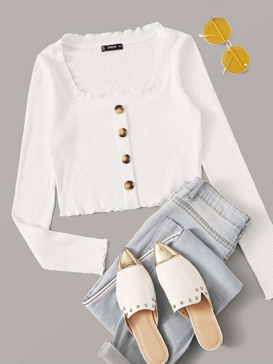 SHEIN 前紐扣生菜邊羅紋針織短版t恤 - 白色 - 查看 1