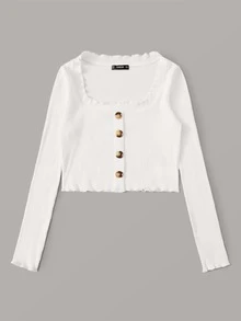 SHEIN 前紐扣生菜邊羅紋針織短版t恤 - 白色 - 查看 3